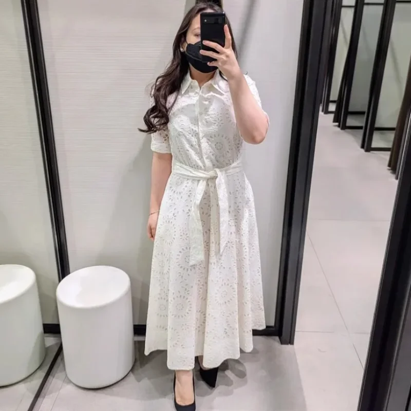 

Elegant Embroidered Lapel Hollow Dress Women Fashionable Short Sleeve Belt High Waist Maxi Dresses Female Summer Chic Casual