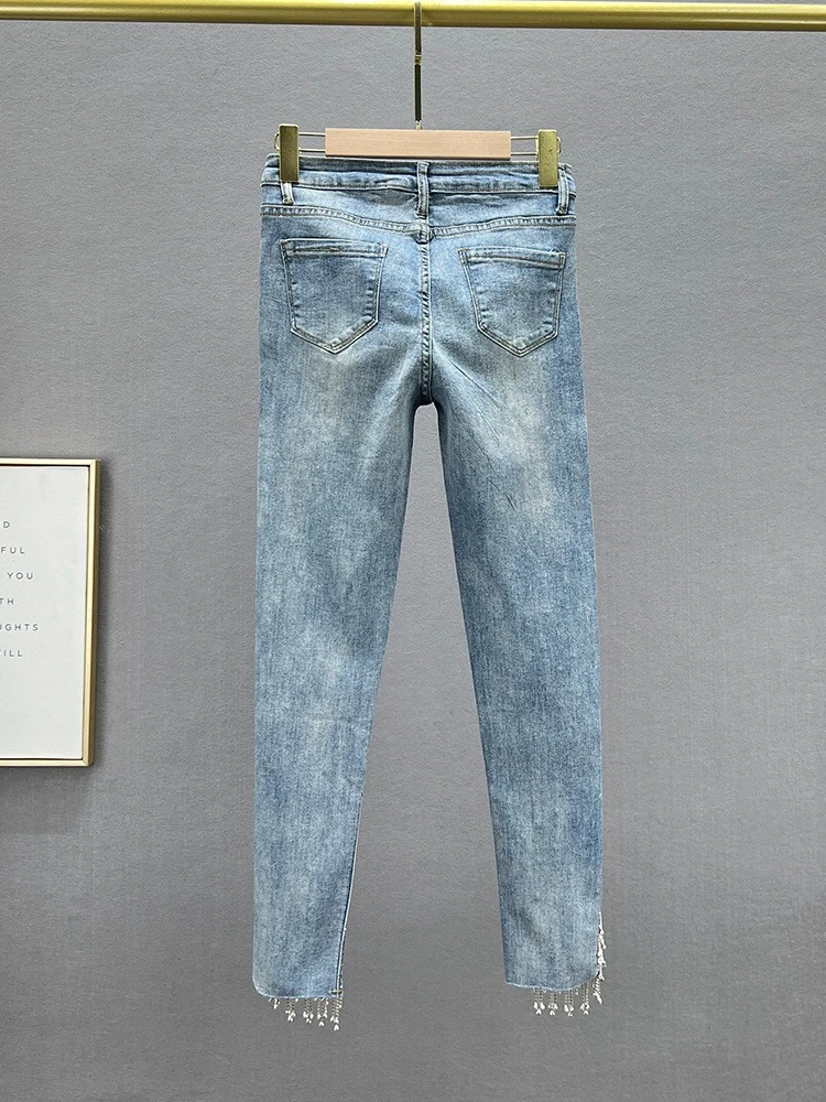 Women's Fringe Denim Jeans 2026 Spring Summer High Waist Stretch Slim Fit Cropped Skinny Pants Streetwear