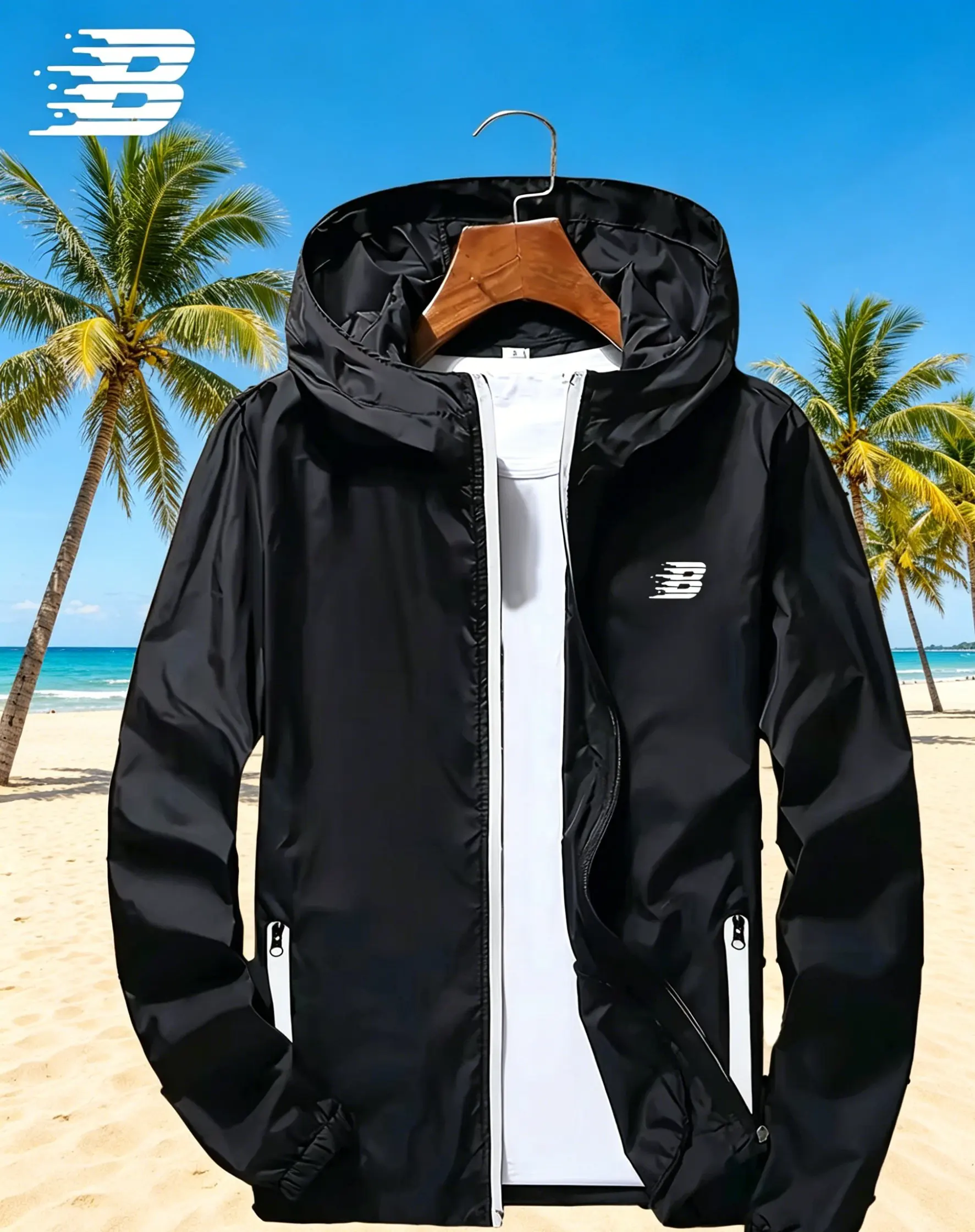 Mens B Logo Hooded Windbreaker Jacket Lightweight Waterproof Windproof Casual Outdoor Sports Hiking Cycling Long Sleeve Coat