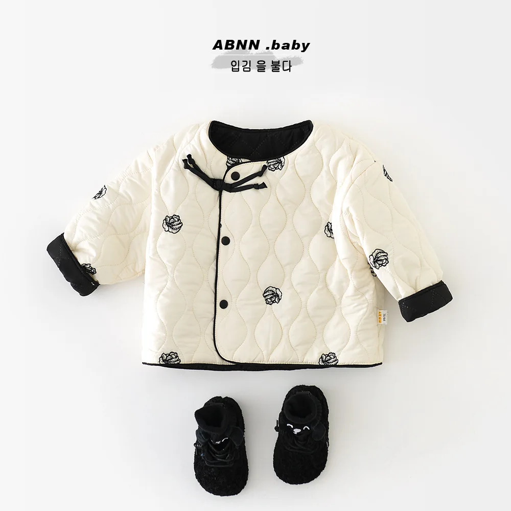 Autumn Winter Baby Girls National Parkas Flower Embroidery Cotton Padded Thicken Warm Infant Girl Coat Toddler Girl Jacket