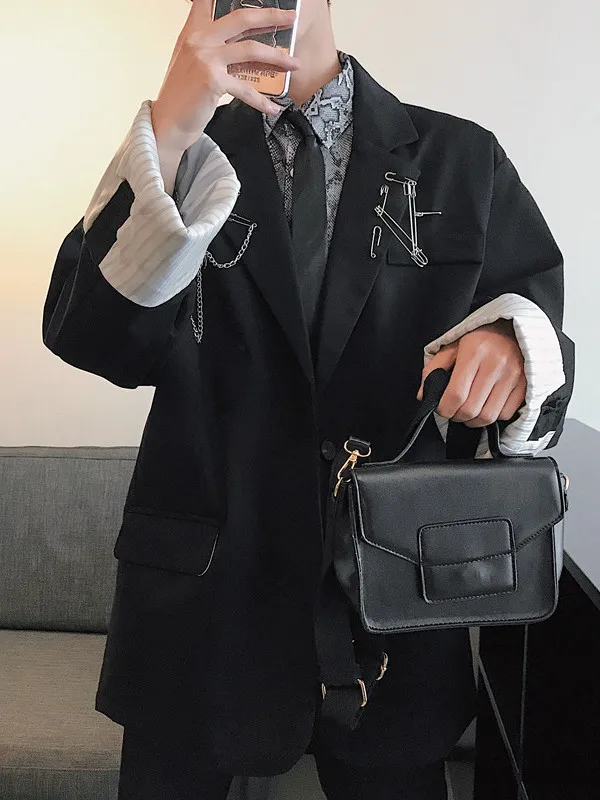 

Oversize Casual Chain Patterned Loose Fit Men's Jacket Korean Style Spring Autumn Wear Single Button Closure Long Sleeve