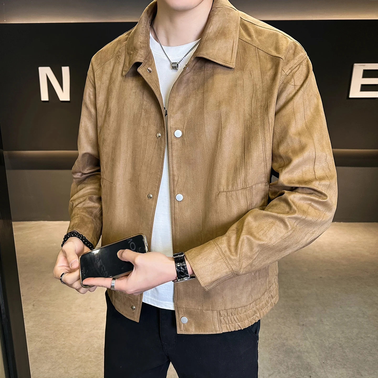 Spring High Quality Suede Men's Jacket Lapel Single Breasted Casual Business Jacket Windproof Comfortable Social Office Coats
