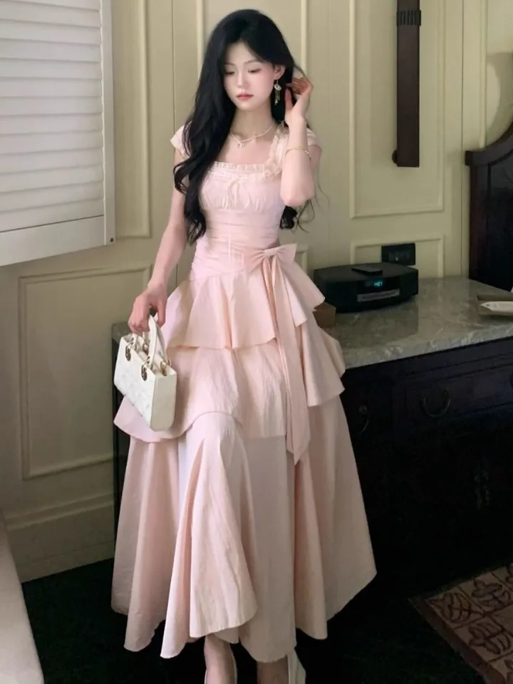 pink dress korean style Square Collar Long Women Japan Style Sweet Elegant Fairy Dress Female Fashion Summer Casual Party Dress cute korean party dress