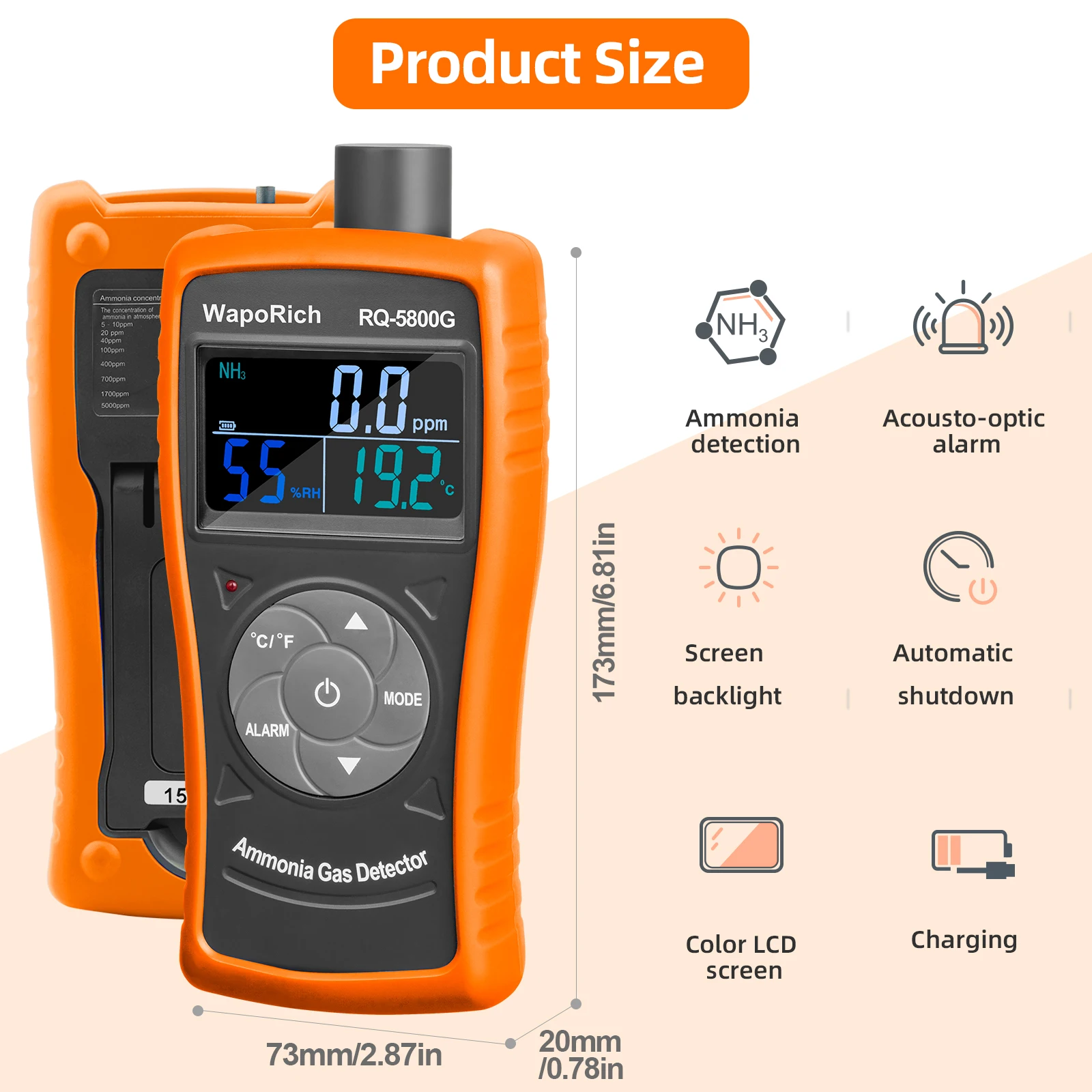 Ammonia Gas Detector NH3 Meter 0-100ppm Electrochemical Tester for Farm Mine Chemical Plant Lab Industrial Use Safety