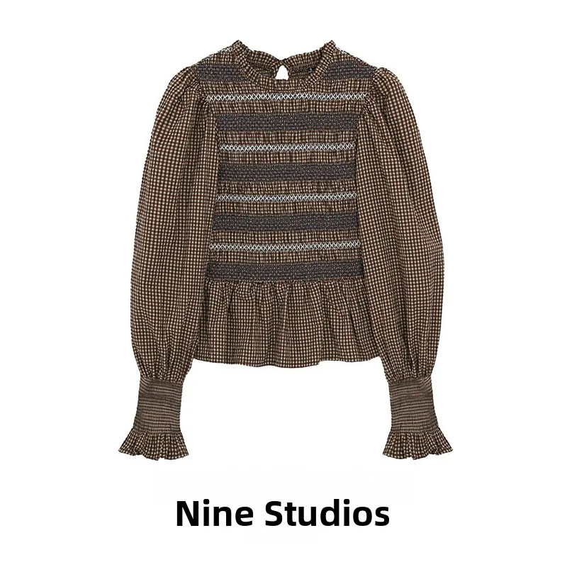 NINE ZAR Women's Slim Fit Long Sleeve Shirt Embroidered Honeycomb Versatile Top Not Deformable Winter Season European Style