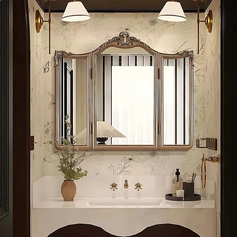 BJ French Vanity Mirror Desktop 3-Fold Dressing Mirror Vintage Bedroom Makeup Wall Mounted Bathroom Mirror