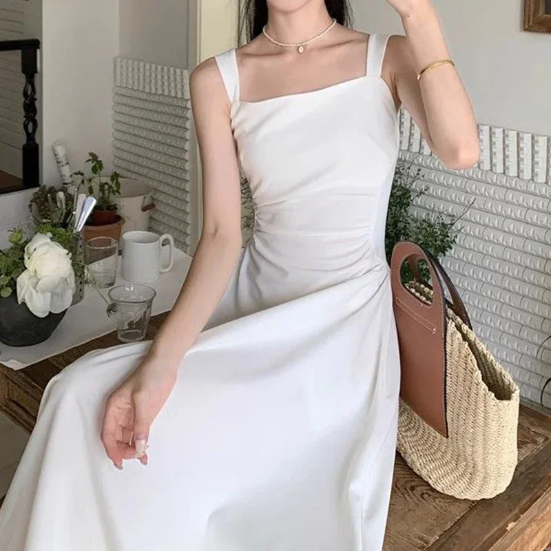 2025 New Summer Girls Sweet Elegant White Party Dress Women Slim Fit Mid-Long Skirts Female Concise Designer Solid A-line Dress