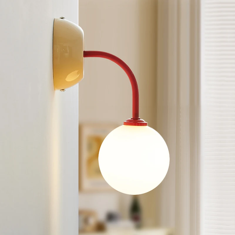 

Nordic Red Blue Bedroom Bedside Wall Lamps Milky White Glass Lampshade Living Room Background Decorative Wall Lights for Porch