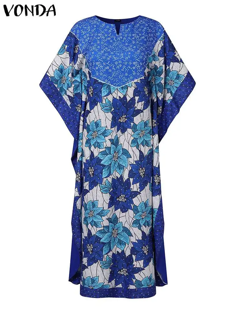 Plus Size Women Maxi Dress 2024 VONDA Vintage Printed Bat-wing Sleeve Party Dresses Summer Sundress Casual Loose Vestidos Robe