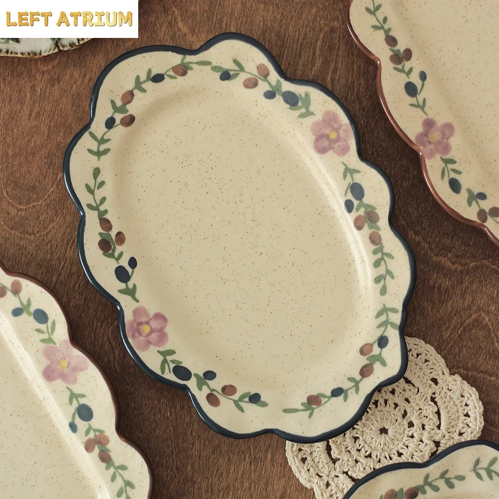 French Style Floral Edge Oval Plate Delicate High Grade Ceramic Flower Flat Porcelain Tableware Afternoon Tea Dessert Cake Plate