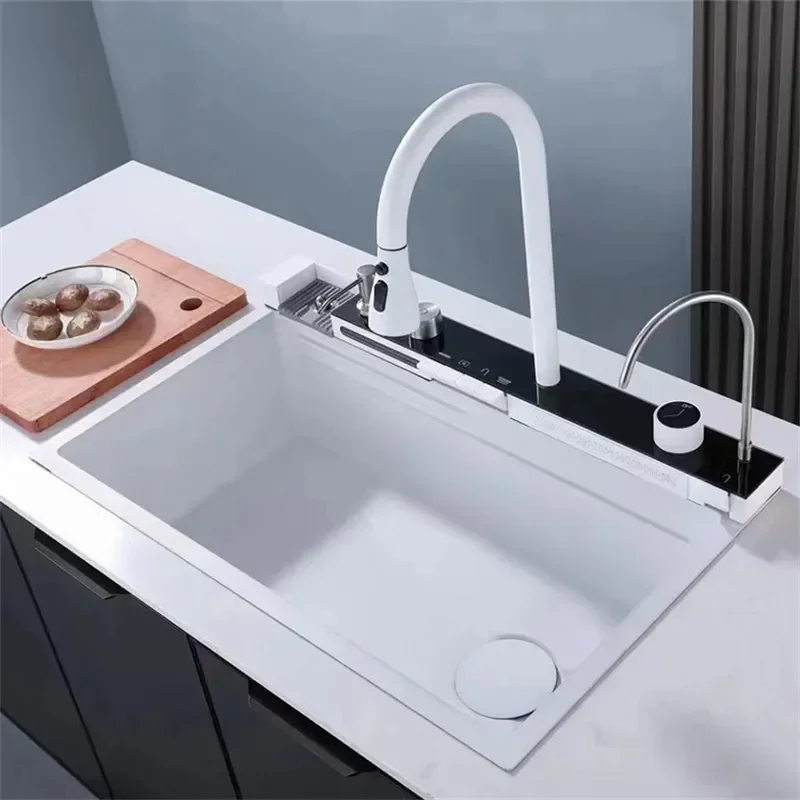 

White Nano Multifunctional Kitchen Sink 304 Stainless Steel Large Single Sink Integrated Kitchen Faucet