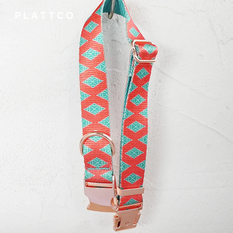 PLATTCO unique design dog collar print RED GRID pattern with high-quality rose gold buckle 5 size PDC319RG