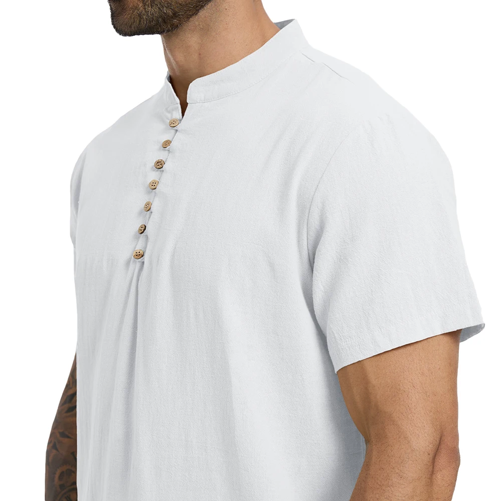 Sommer-Herren-T-Shirt, einfarbig, halb geknöpft, Henley-Ausschnitt, lässige Kurzarm-Oberteile, Baumwolle, Leinen, bequem, leicht, klassische T-Shirts – Detail 4