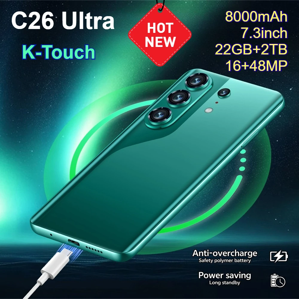 Smartphone K-Touch C26 Ultra con batteria da 8000mAh, telefono cellulare con display completo da 7,3 pollici, 5G, doppia SIM, sblocco con Face ID, 22GB+2TB, Android 15