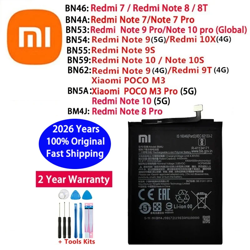 Oryginalna bateria BM4J BN46 BN5A BN53 BN54 BN55 BN59 BN62 do Xiaomi Redmi Note 7 9T 10X POCO M3 8 8T 9 9S 10 10S pro Baterie
