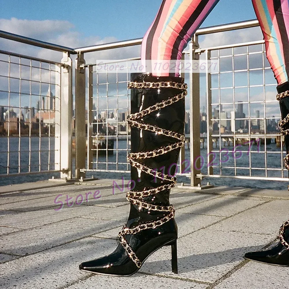 

Сапоги до колена на высоком каблуке с цепочкой и ремешками, Женская винтажная уличная одежда, сапоги с острым носком, женская черная обувь из лакированной кожи с боковой молнией
