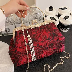 Designer Women Red Rose Chain Shoulder Handbags And Purses Wedding Clutch Flowers Beading Tassel Shell Clip Metal Crossbody Bags