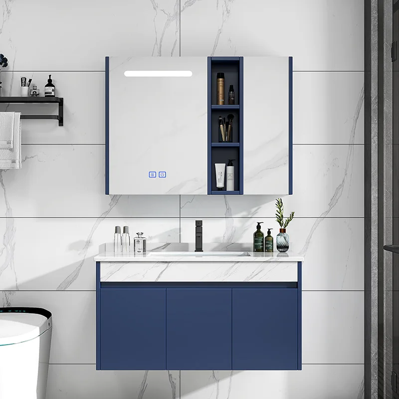 Luz moderna de luxo azul ardósia conjunto banheiro madeira maciça lavatório mão pendurado na parede tipo