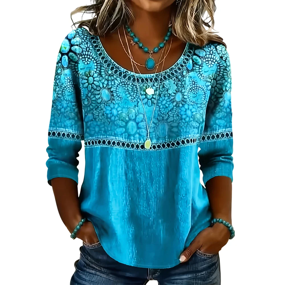 Fashion Casual Loose Fit Women Blouses Crewneck Hollow Out Detail Blue Daisy Flower Print 3/4 Sleeve Pullover Tops