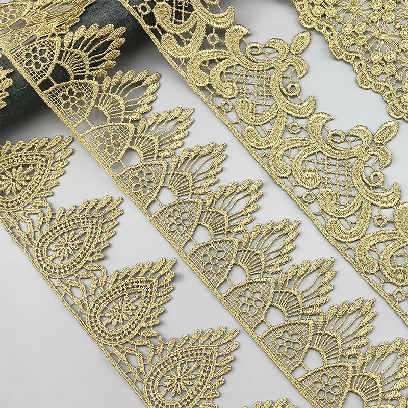 Hollow Style Fabric with Golden Tassel, Fluorescent Lace, Gold Thread, Embroidery, Wedding Accessories, Trim, 1Yard