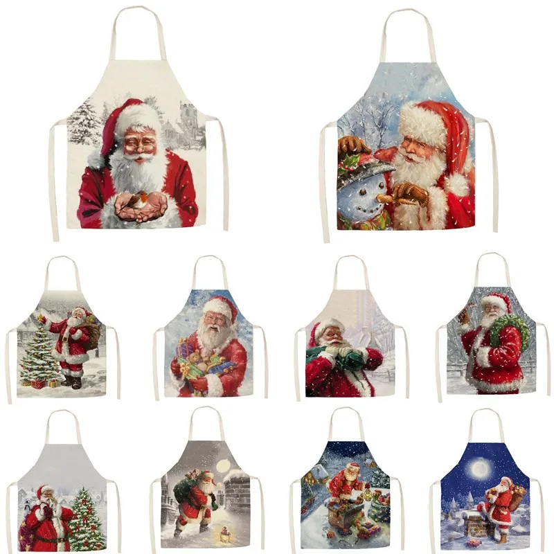 1 Pieces Kitchen Cooking Apron Santa Printed Home Sleeveless Cotton Linen  Men Women Baking Accessories 55*68cm