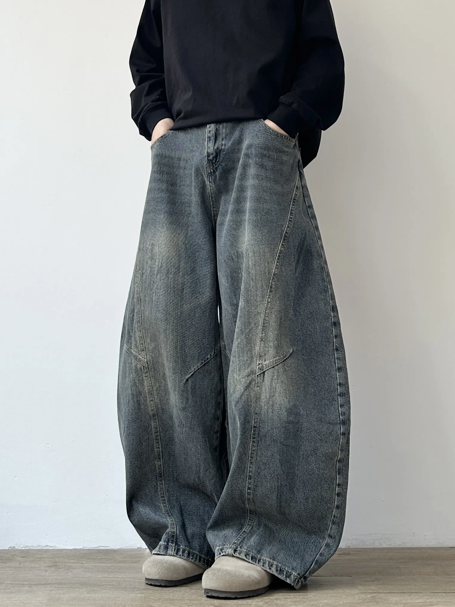 American High Street Retro Deconstructed Washed Banana Knife Pants Men Loose Straight Casual Wide Leg Jeans Long Trousers