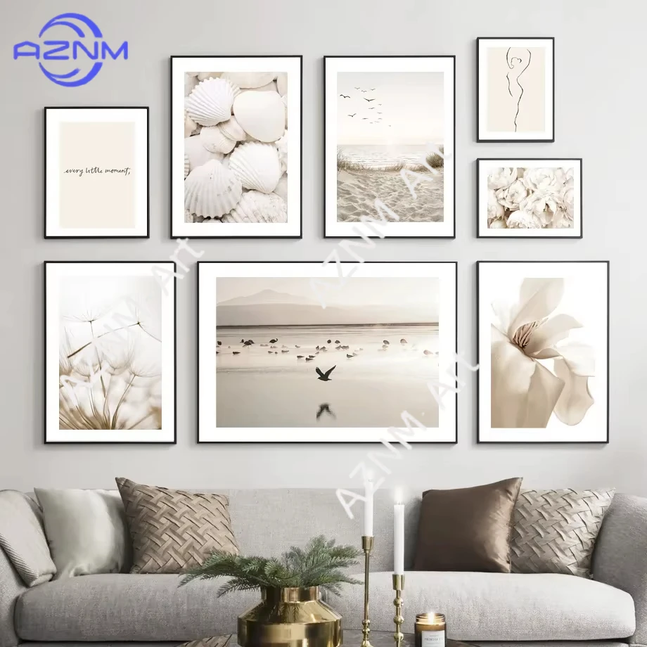 Affiches murales paysagères et florales beige neutre, posters bohèmes minimalistes pour la décoration moderne du salon