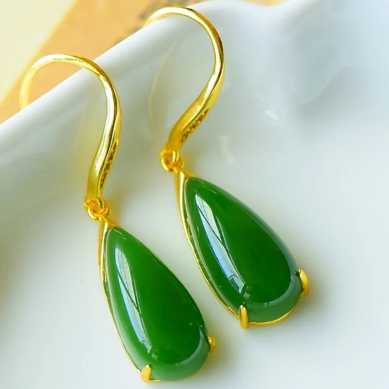 SGARIT Natural Hetian Green Jade S925 Silver  Waterdrop Hook Earrings 8*37mm Unique Design Fine Texture Elegant Versatile