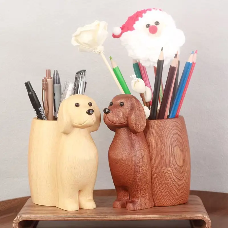 

Новый креативный держатель для ручек из цельного дерева для щенков, держатель для хранения из цельного дерева, настольный орнамент, подарок