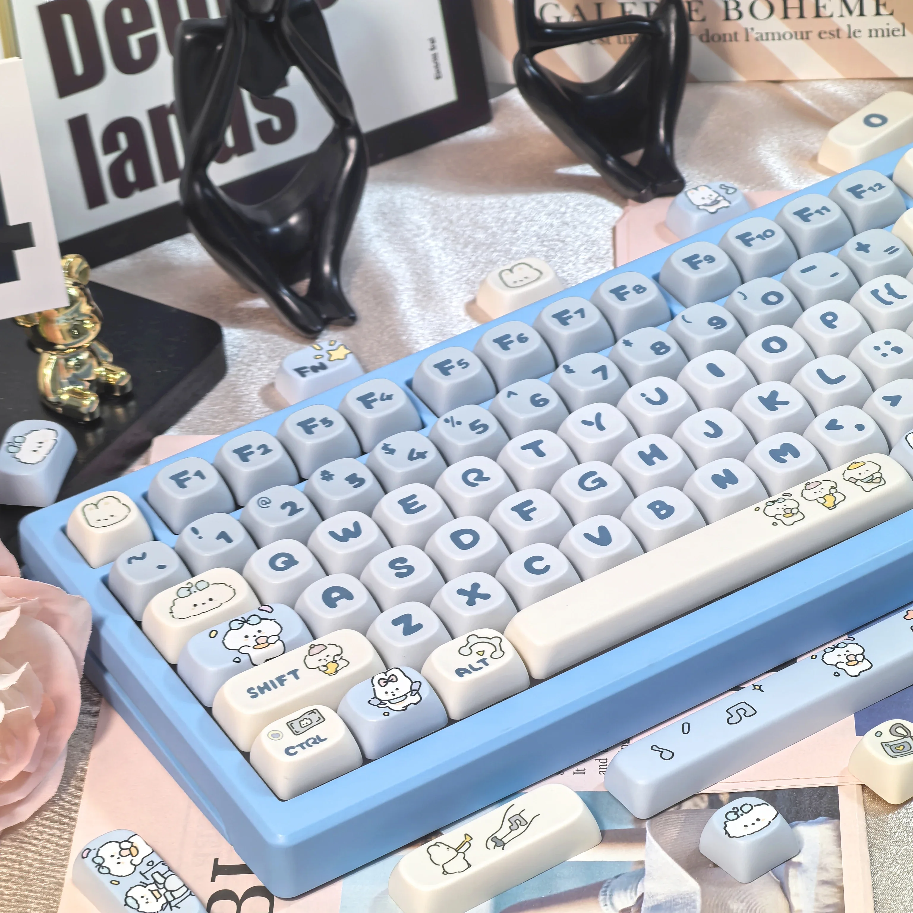 Keycap kelinci biru tema 112Key MOA PBT sublimasi untuk Keyboard Diy anak anjing berbintik Keycap anjing musik