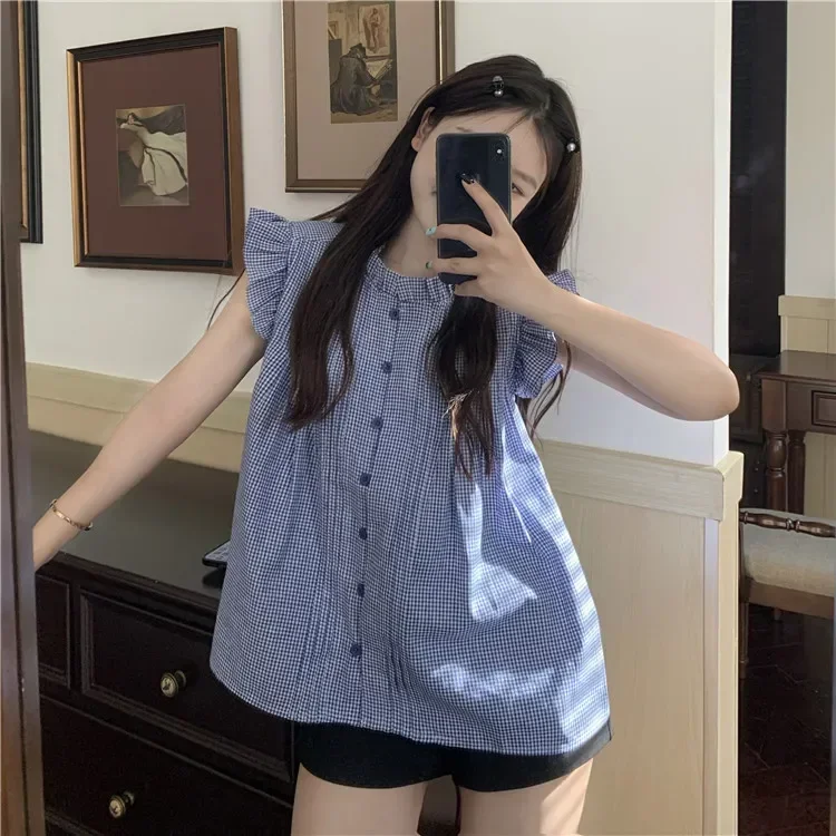 

Camisas De Mujer Sweet Blouse for Women O-neck Sleeveless Summer Shirts Fashion Vintage Tops Korean Ruffles Loose Plaid Blouses