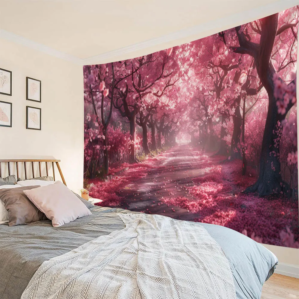 

Natural landscape cherry blossom forest tapestry, modern home decoration for living room and bedroom, and wall backdrop fabric