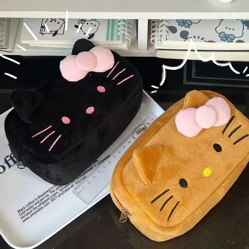 Cute Hello Kitty Plush Pencil Case Cartoon Anime Cosmetic Storage Bag Kawaii Large Capacity Girl Birthday Stationery  Gifts