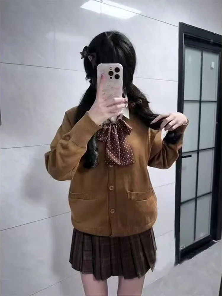 

Caramel French Bread Sle Knitted Sweater Coat Set Autumn Winter JK orm Plaid ort Skirt Layering Ensemble Women's Faion