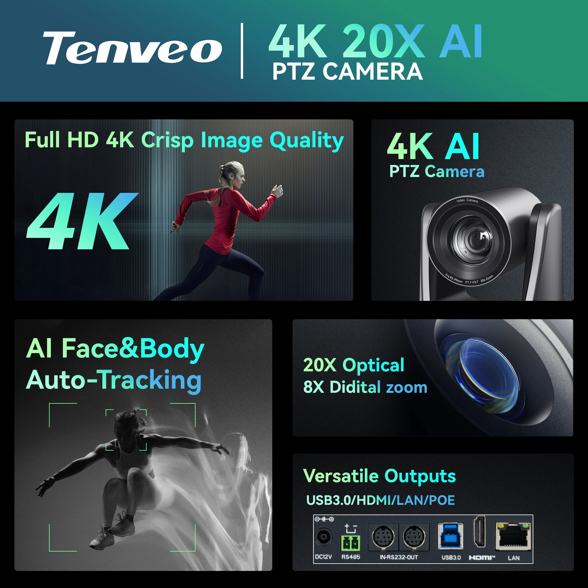 New Tenveo 4K 20X Optical Zoom PTZ Conference Camera USB HDMI  AI Tracking  Camera for Livestreaming