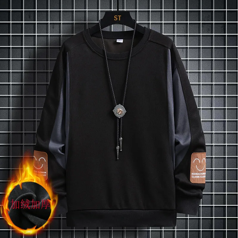 

New Round Neck Patchwork Loose Long Sleeved Autumn and Winter Men's Embroidered Fashion Solid Color Casual Versatile Hoodie