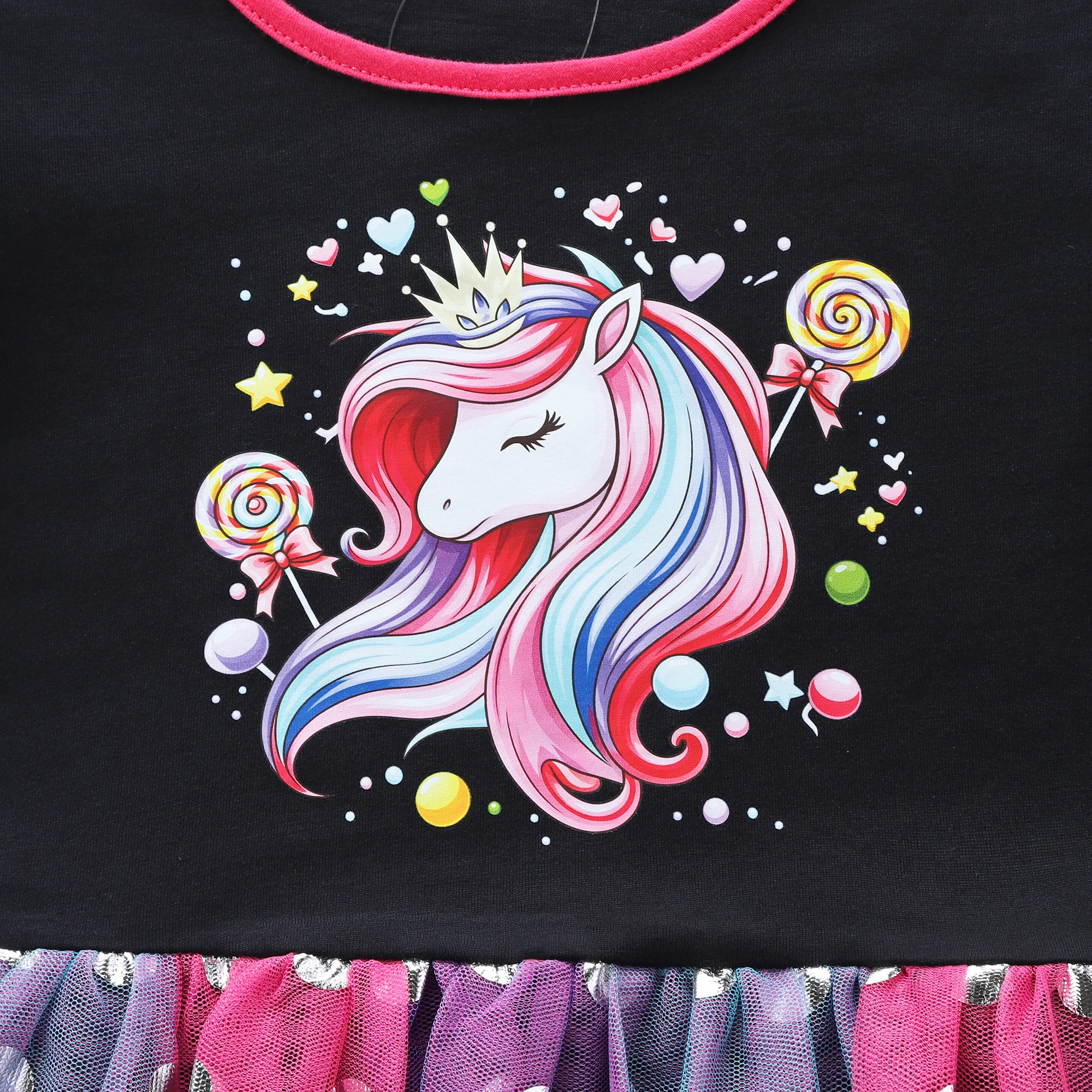 Langärmliges Kleid mit Regenbogen-Candy-Pferdemuster für Mädchen, Herbstkleid mit Polka-Dot-Print und Mesh-Einsatz LH1770 – Detail 6