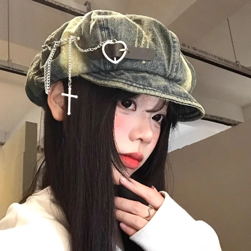 

Джинсовые береты в стиле ретро в стиле панк с пряжкой и цепочкой для женщин, весенне-осенняя трендовая универсальная шляпа литературного художника