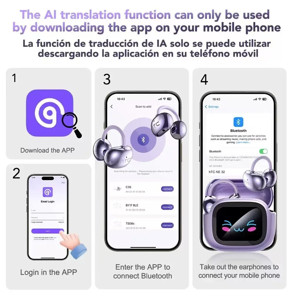 HTC NE32 Bluetooth V6.0 Ear Clip Earphones LCD Touch Screen AI Translator Earbuds Noise Reduction Wireless Sports Headphones