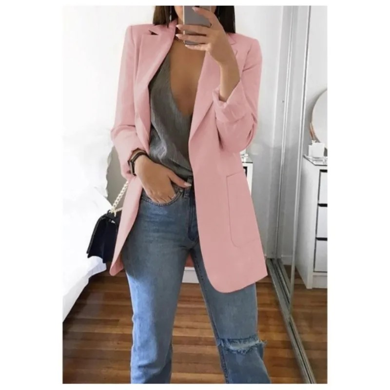 Autumn And Winter Women's Fashion Solid Color Polo Neck Slim Fit Coat Elegant Women's Long Sleeve Pocket Casual Suit Coat S-3XL