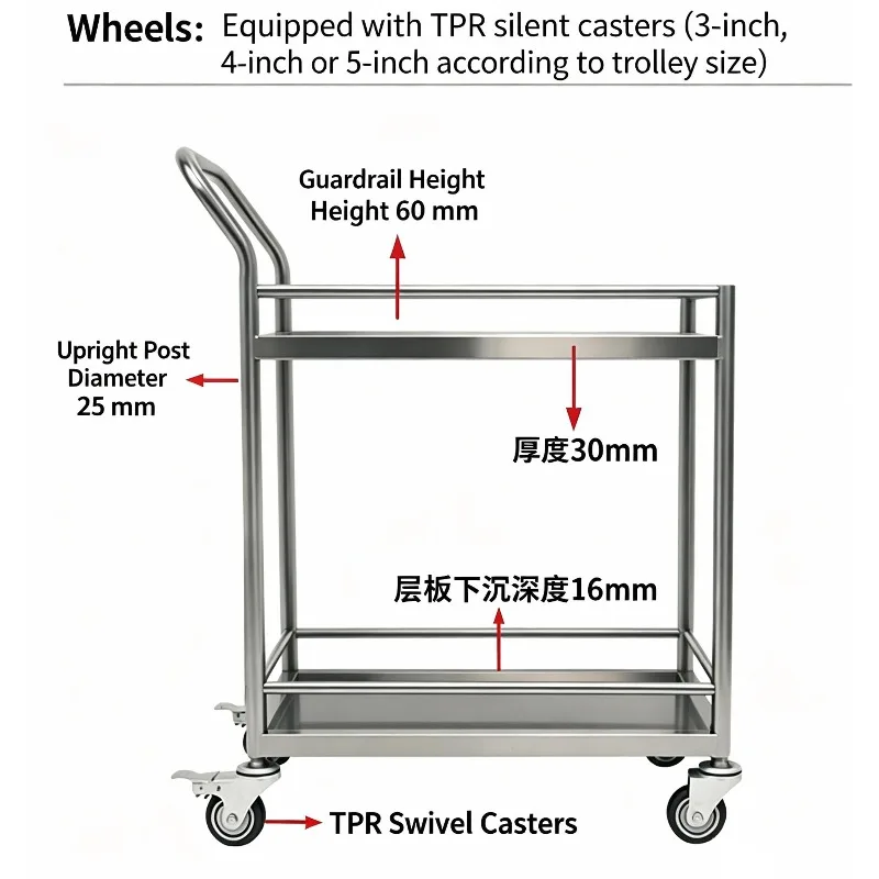 304 Stainless Steel Double Layer Laboratory Trolley, Silent Casters with Guardrail, for Hospital and Lab