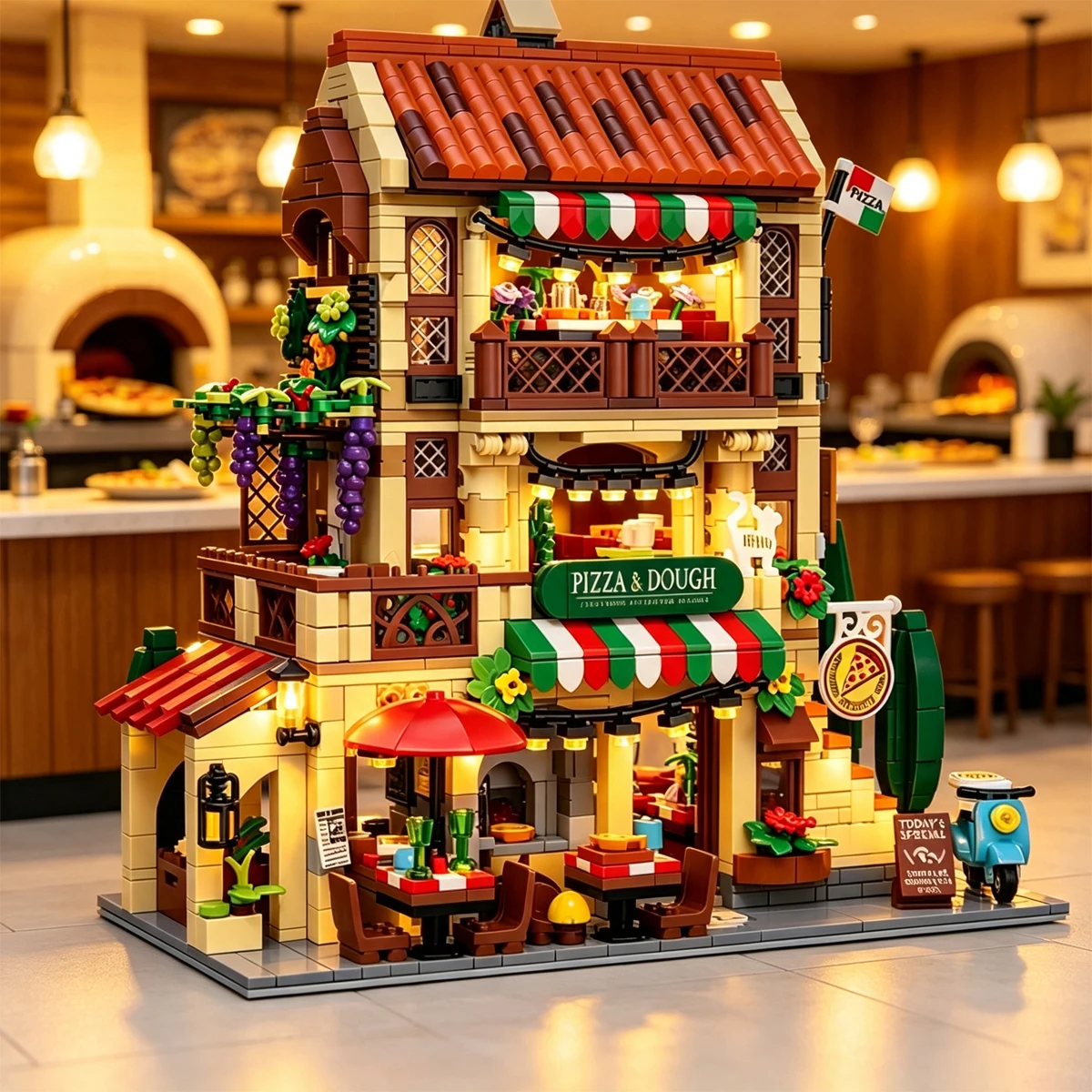 Street View Series Italian Pizza Shop Building Blocks Third Floor Restaurant Model Bricks Toys For Kid Birthday Gift MOC 1962PCS
