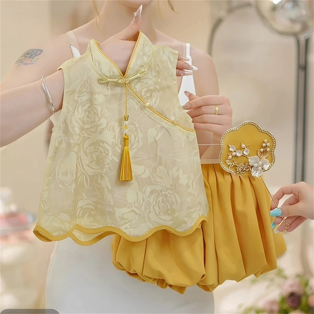 Summer New 1-10Y Kids Traditional Hanfu Set, Chic National Trend Matching Outfit, Little Girls Ethnic Clothes for 80-130cm
