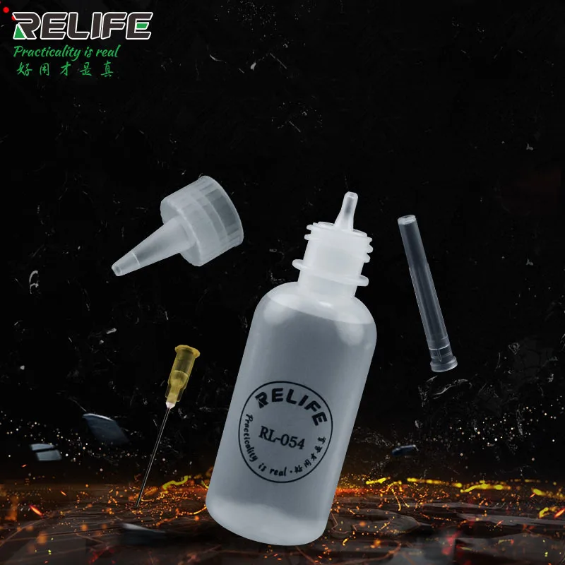 RELIFE RL-054 50ml Soldering Cleaning Clear Liquid Flux Plastic Hand Bottle Needle Tip Alcohol Oil Dispenser Cleaner DIY Repair