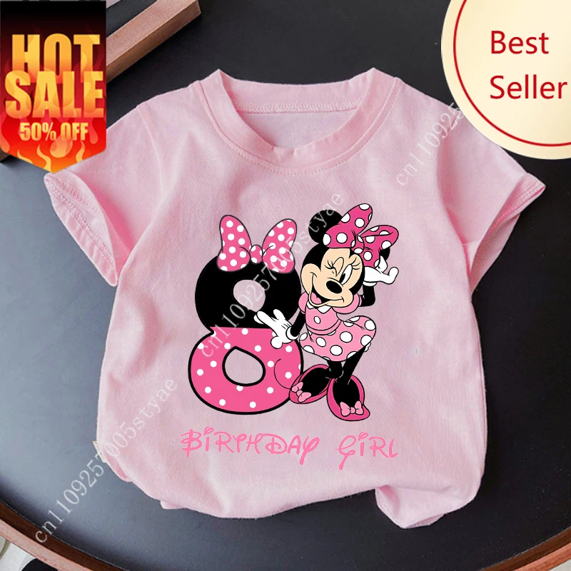 

Disney Minnie Mouse Shirt Girl Number T Shirt Pink Birthday Gift Clothes Cartoon Top Cute Blouse Short Sleeve Tee for Kid