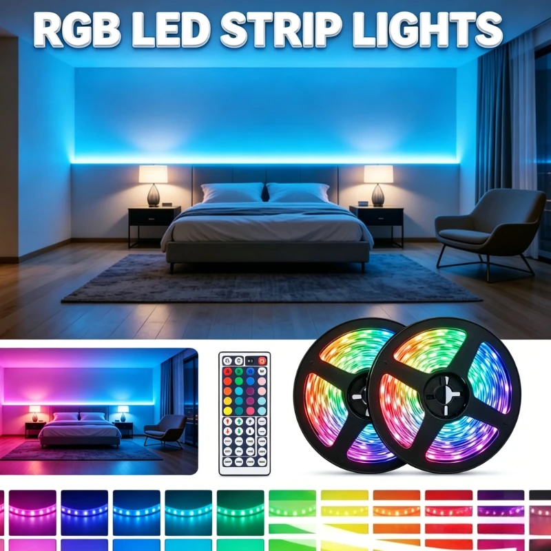 RGB 5050 LED Strip Light Kit (with 44-key Remote Control) | Color Changing Light String, Cuttable from 1 to 40 Meters | Ideal