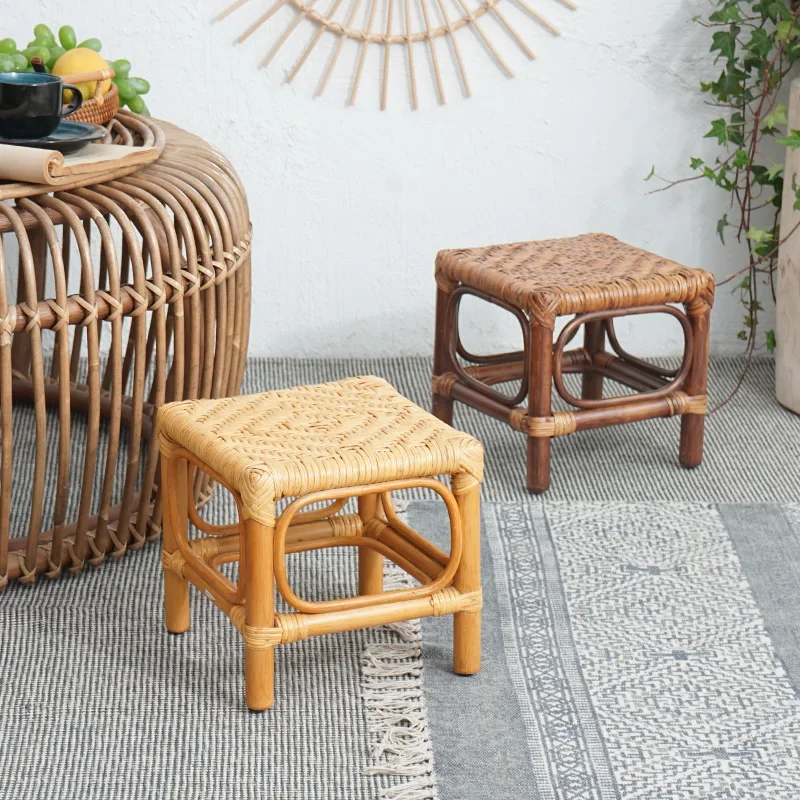 Hand Woven Rattan Stool,Retro Pastoral Stools,Outdoor Camping Chair,Home Furniture,Shoe Changing Stool,Footstool,Mobile Seat