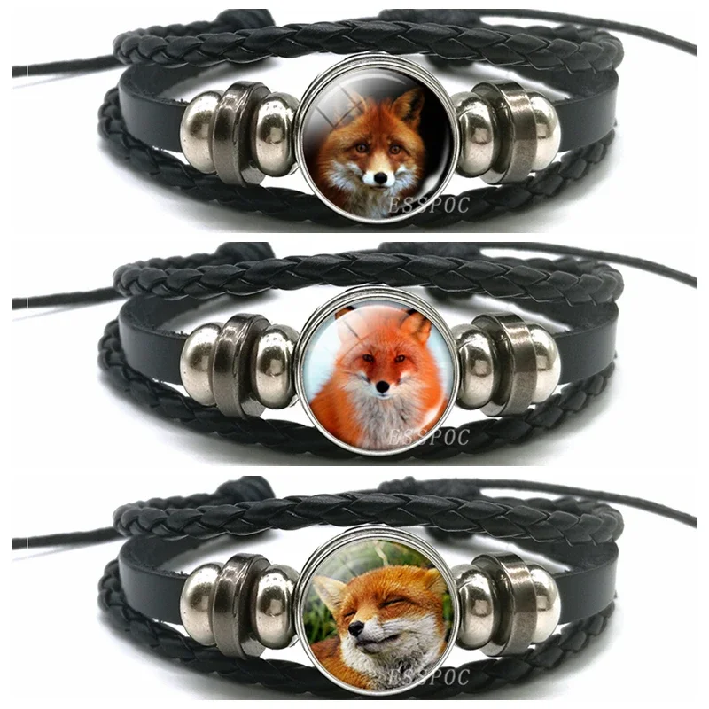 

Cute Red Fox Bracelet Glass Dome Black Leather Punk Bracelet Jewelry Fashion Men and Women Accessories Gift for Animal Lovers