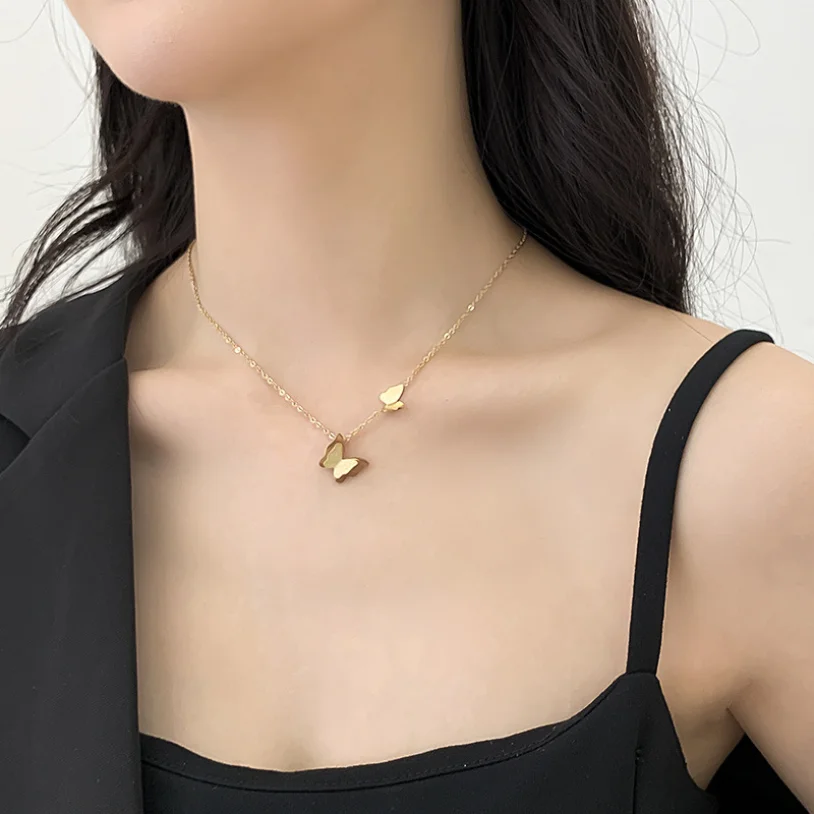 316L Stainless Steel New Fashion Jewelry Double-layer Butterfly Choker Necklaces Pendants For Women