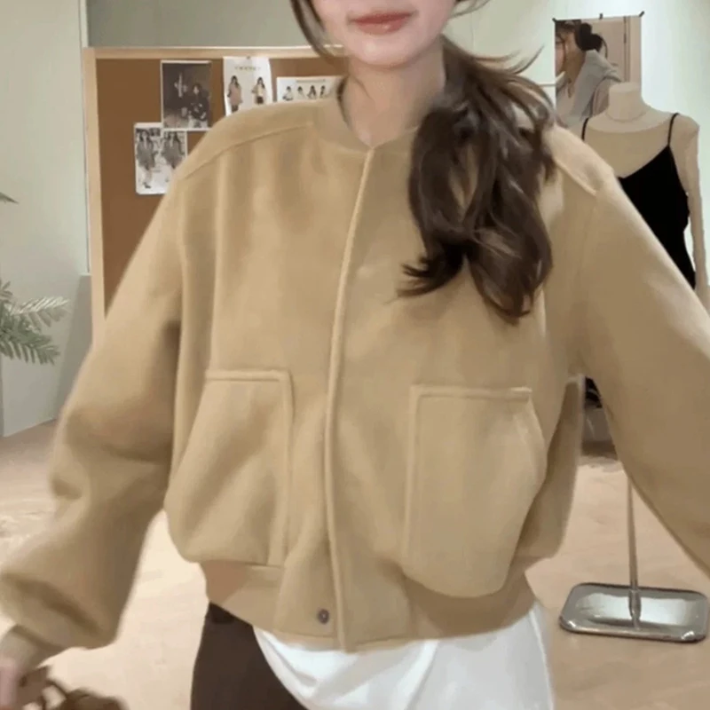 Autumn Tweed Jackets Women Casual Loose Solid All Match Baseball Jacket Streetwear Fall Long Sleeve Office Lady Simple Outwear